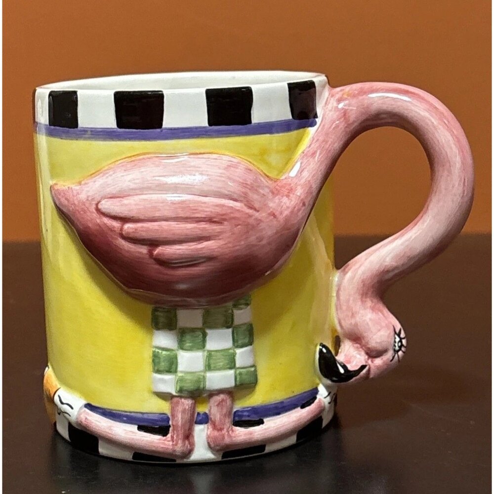 Vintage 2003 Lotus Pink Flamingo 3D Raised Figural Coffee Tea Mug Cup Tropical